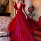 Pretty V Neck High Low Red Prom Dresses Women Formal Gown Dark Red Tulle Long Party Night Wear Birthday Dress Custom Made