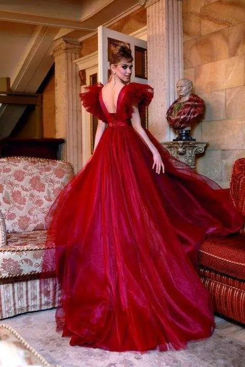 Pretty V Neck High Low Red Prom Dresses Women Formal Gown Dark Red Tulle Long Party Night Wear Birthday Dress Custom Made