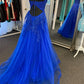 Royal Blue Prom Dresses Tulle A-line vestidos de noche Elegant Sleeveless Floor-Length Lace Appliques Formal Evening