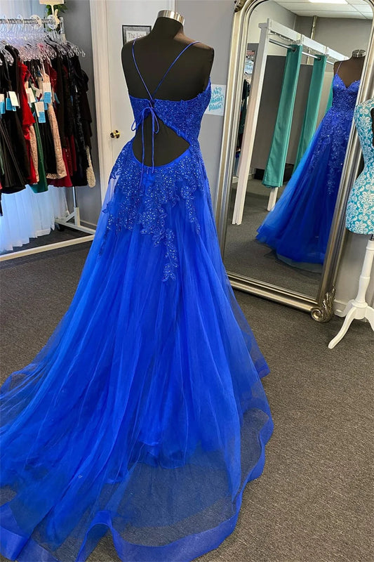 Royal Blue Prom Dresses Tulle A-line vestidos de noche Elegant Sleeveless Floor-Length Lace Appliques Formal Evening