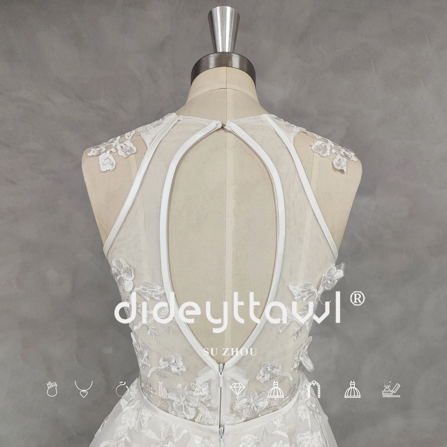 O-neck appliques sarung pendek gaun pengantin pendek yang boleh dilepaskan dipotong belakang di atas lutut mini pengantin gaun