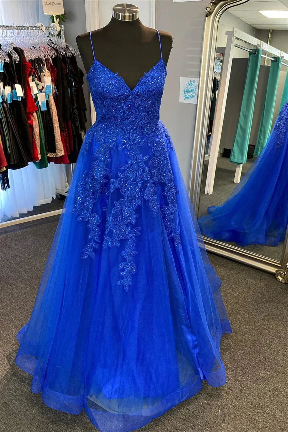 Royal Blue Prom Dresses Tulle A-line vestidos de noche Elegant Sleeveless Floor-Length Lace Appliques Formal Evening as pic
