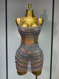 Sparkly Rhinestones Sleeveless Mini Dress Evening Birthday Celebrate Evening Party Dress Nightclub Stage Performance Costume Silver