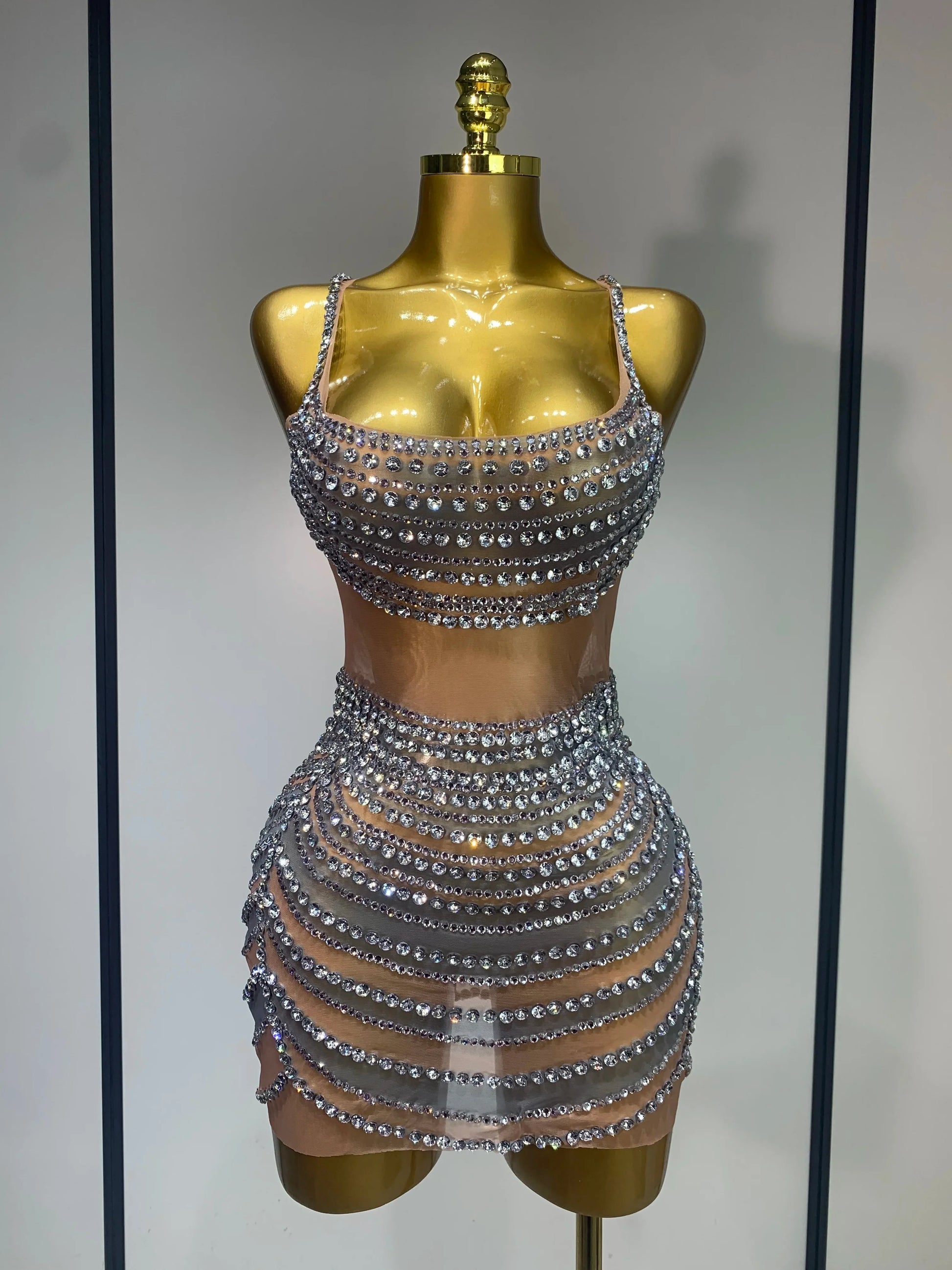 Sparkly Rhinestones Sleeveless Mini Dress Evening Birthday Celebrate Evening Party Dress Nightclub Stage Performance Costume Silver