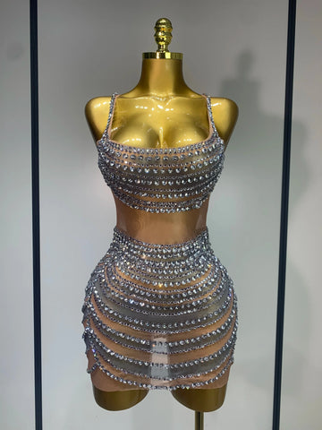 Sparkly Rhinestones Sleeveless Mini Dress Evening Birthday Celebrate Evening Party Dress Nightclub Stage Performance Costume Silver