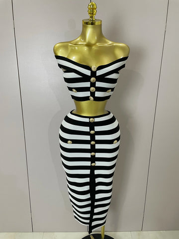 Sexy Off Shoulder Striped Button Two Piece Mini Bandage Set Women Celebrity Designer Evening Party Luxury Birthday Outfit black