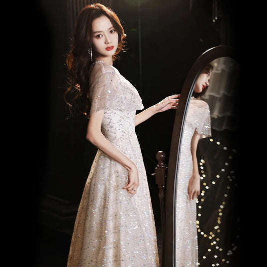 French Luxury White Satin Sequined Wedding Dresses for Bride Elegant Sexy Slim Puff Sleeve Long Prom Party Dress Women vestidos