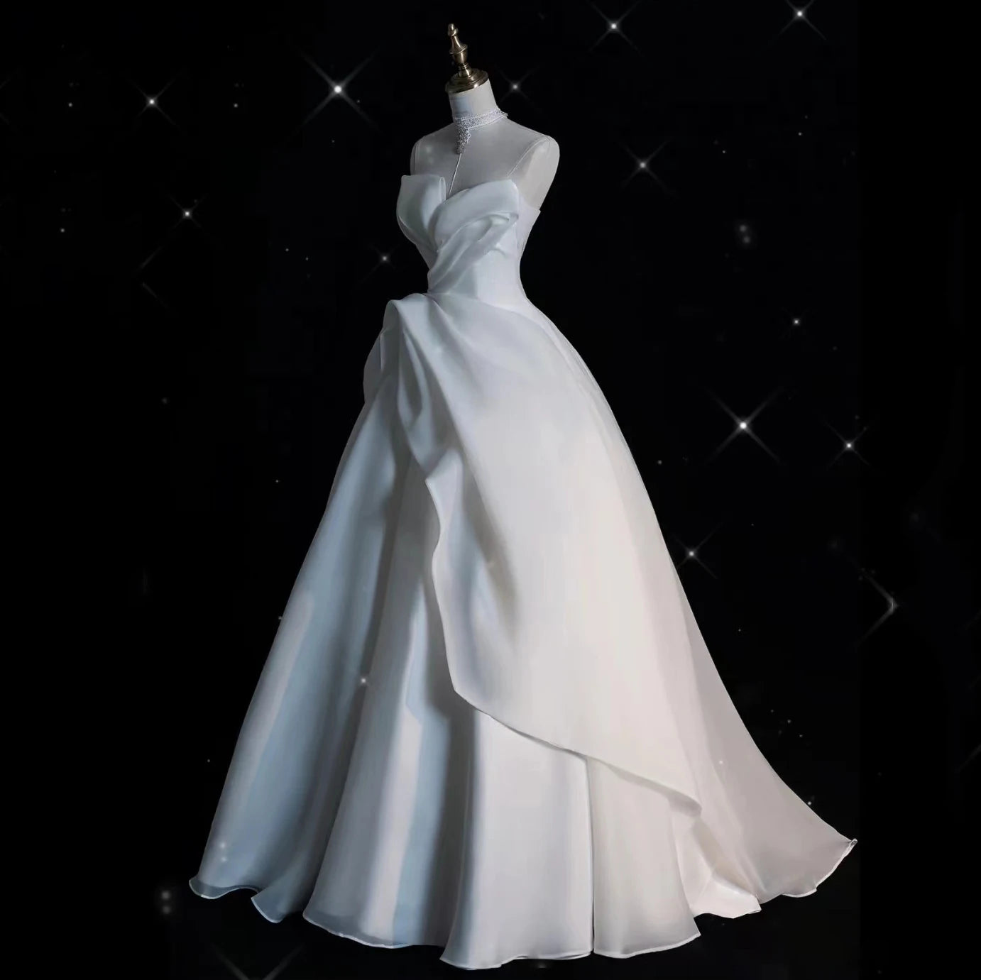 Luxury White Satin Chiffon Strapless Wedding Maxi Bride Dress Elegant Long Prom Evening Guest Formal Party Women Dresses