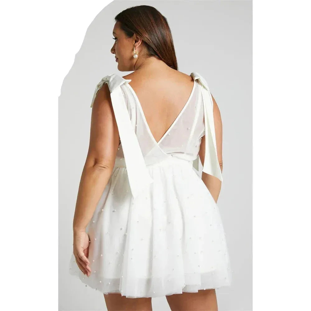 V-Neck Sleeveless Bow Straps Beaded Tulle Mini Wedding Dress For Women A-Line Above Knee Short Bridal Gown Custom Made 20w