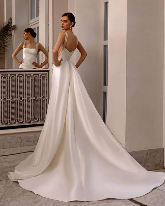 Vestidos de novia de satén de sirena, vestido de novia bohemio sencillo con lentejuelas sin espalda, vestidos de novia plisados ​​personalizados