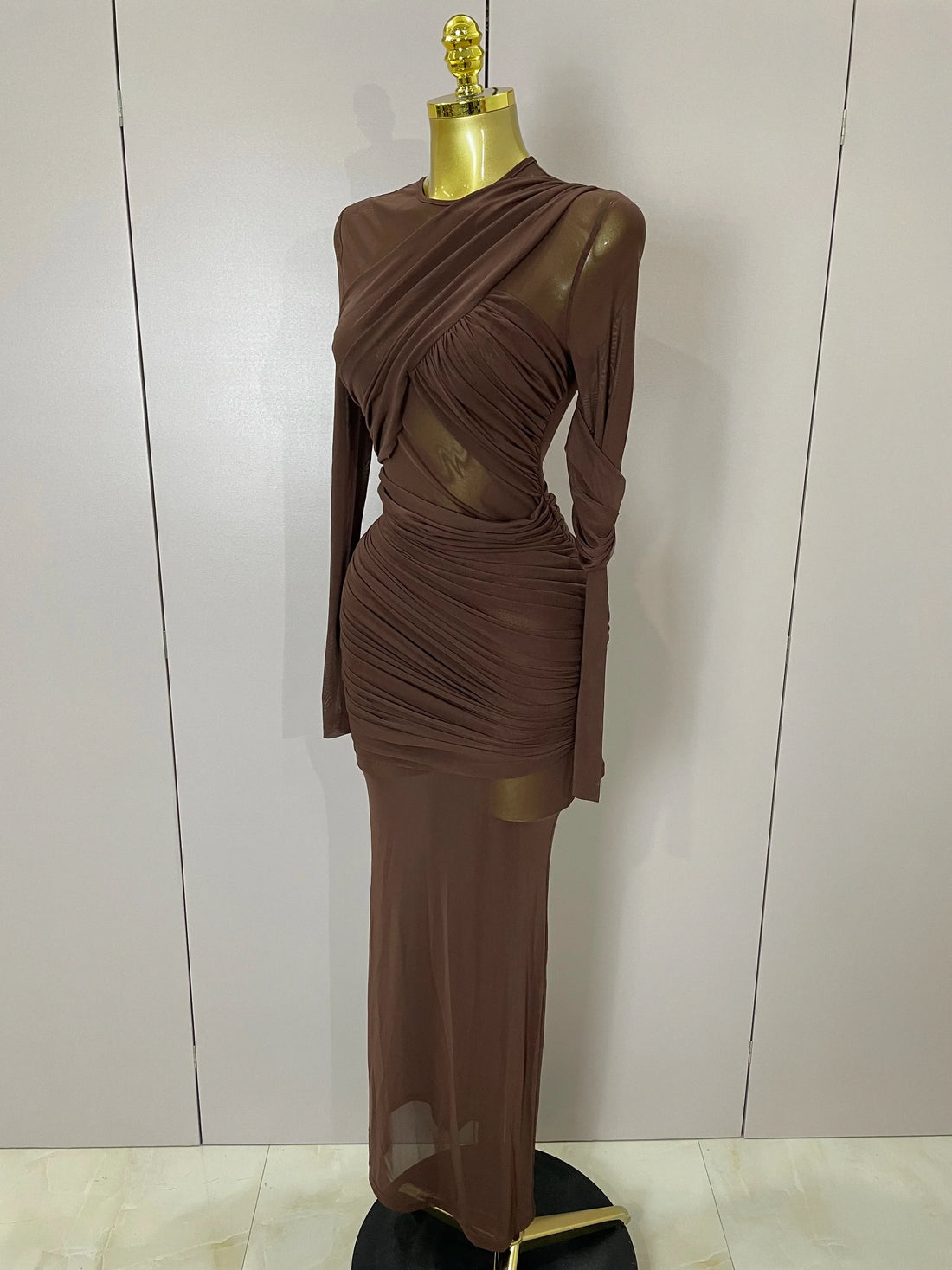 Women Elegant Brown Mesh Fold Long Sleeve Bodycon Dress Evening Party Club Sexy Perspective Fashion Luxury Birthday Dresses Dark Brown