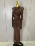 Women Elegant Brown Mesh Fold Long Sleeve Bodycon Dress Evening Party Club Sexy Perspective Fashion Luxury Birthday Dresses
