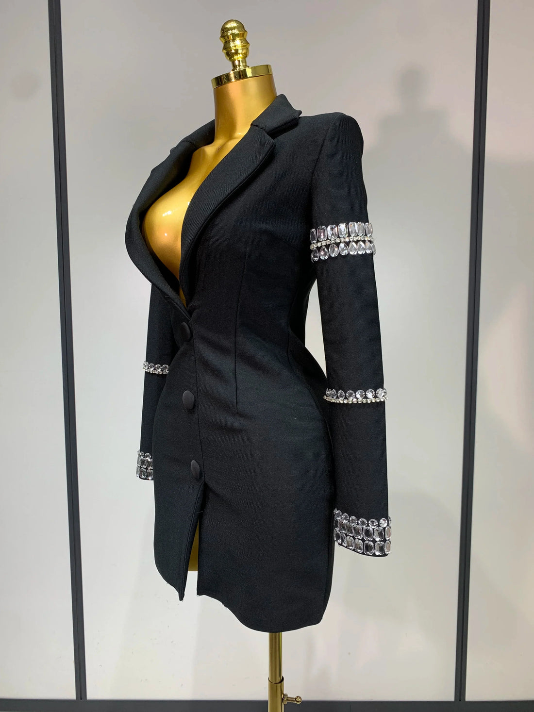 Women Sexy Long Sleeve V Neck Beading Rhinestone Mini Bodycon Bandage Dress Celebrity Elegant Evening Party Birthday Dress black