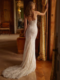 Pearls Embellished Mermaid Long Dres Spagetiee Straps Side Split Lace Appliques Sleeveless Party Evening Bridal Wedding Gown