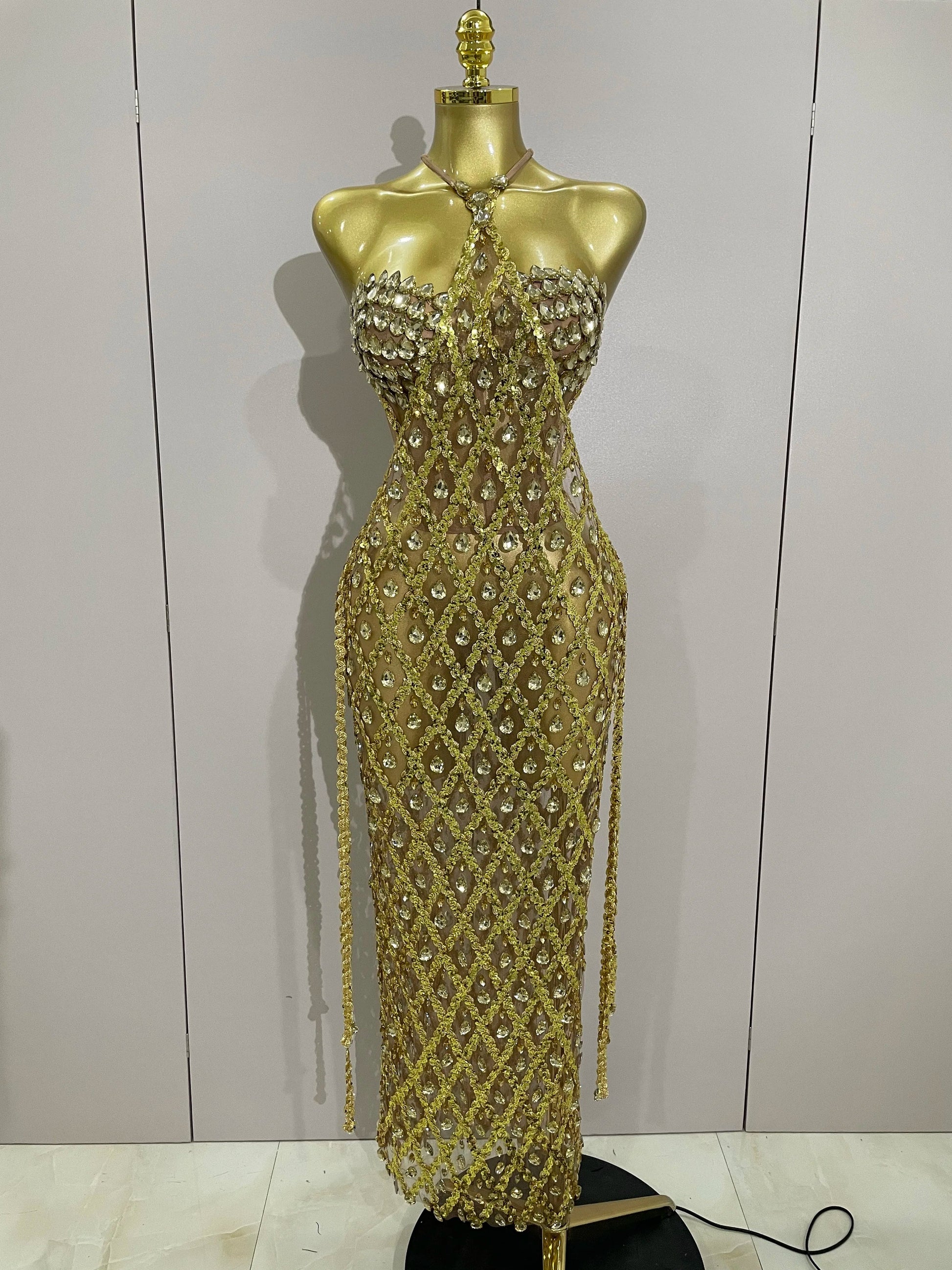 Sexy Sparkly Gold Rhinestones Sleeveless Mesh Two Piece Long Dress Women Birthday Party Celebrate Prom Stage Costume Gold