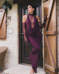 Sexy Turtleneck Lace Patchwork Long Dress Women Sleeveless Backless Pleated Celebrity Evening Party Gowns with Gloves