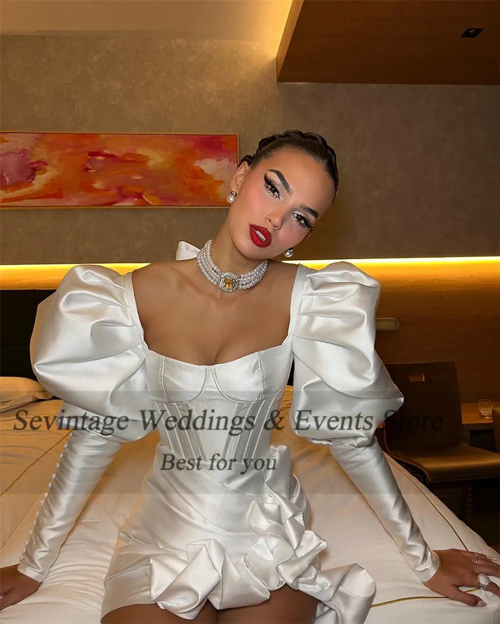Pakaian perkahwinan sarung satin untuk wanita duyung lantang panjang lantang berlipat di atas lutut vestidos novias