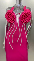 Summer Rose Red Stereoscopic Flowers Sparkling Diamonds Chain Ankle Lenght Bandage Dress Elegant Woman Evening Dress