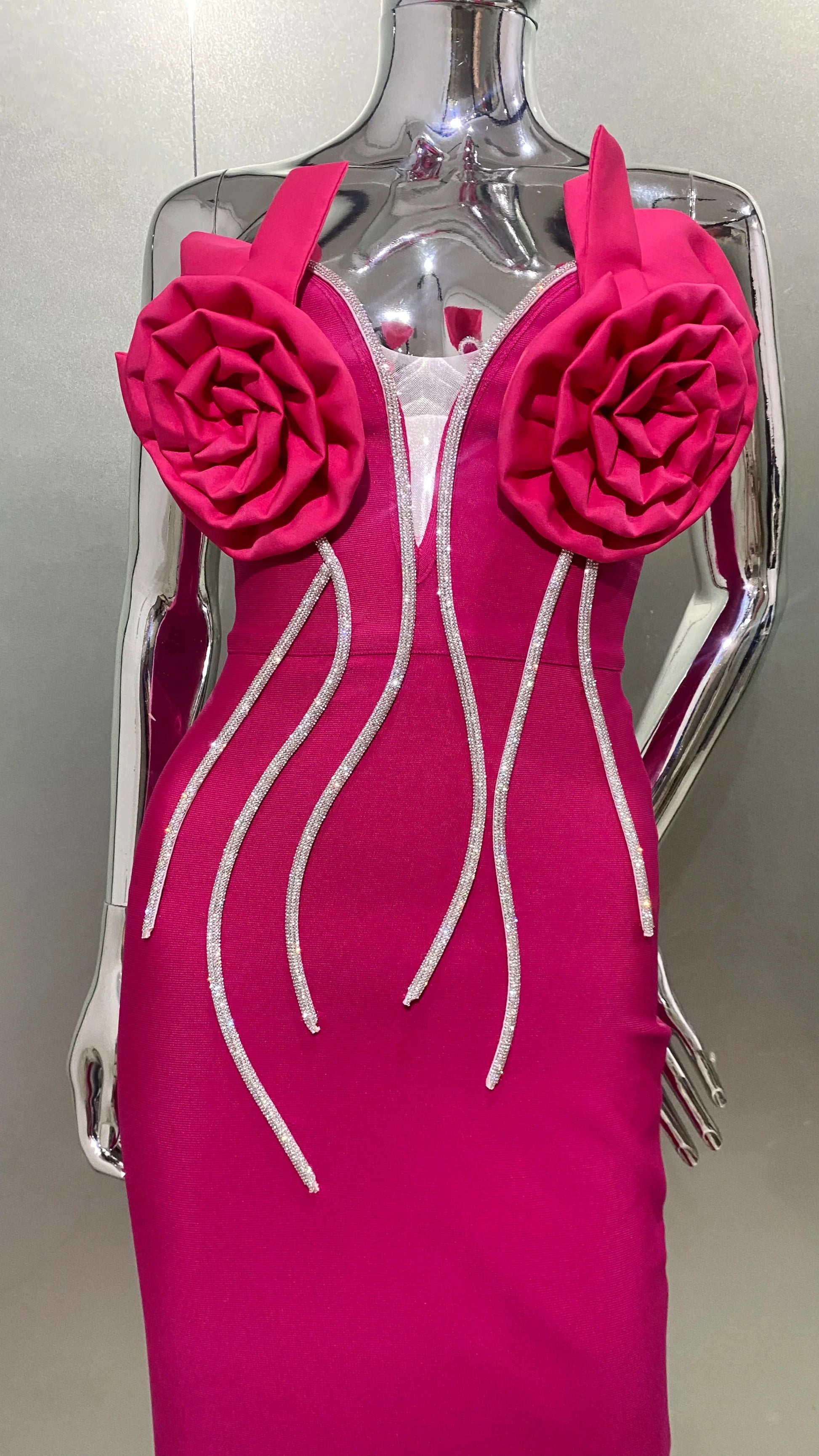 Summer Rose Red Stereoscopic Flowers Sparkling Diamonds Chain Ankle Lenght Bandage Dress Elegant Woman Evening Dress