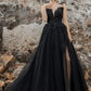 Black Evening Dresses Lace Applique Goethe Sheer Neck Sleeveless A Line Front Slit Formal Party Women Prom Gowns Custom made