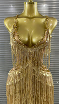 Golden Sequins Tassle Sexy V-Neck Hollow Out Jumpsuit Fashion Woman Woman Party Outfit Stage Performance Costume