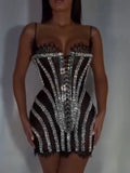 Glamorous Black Lace Adorned Strappy Corset Mini Dress with Sparkling Crystals Evening Gown