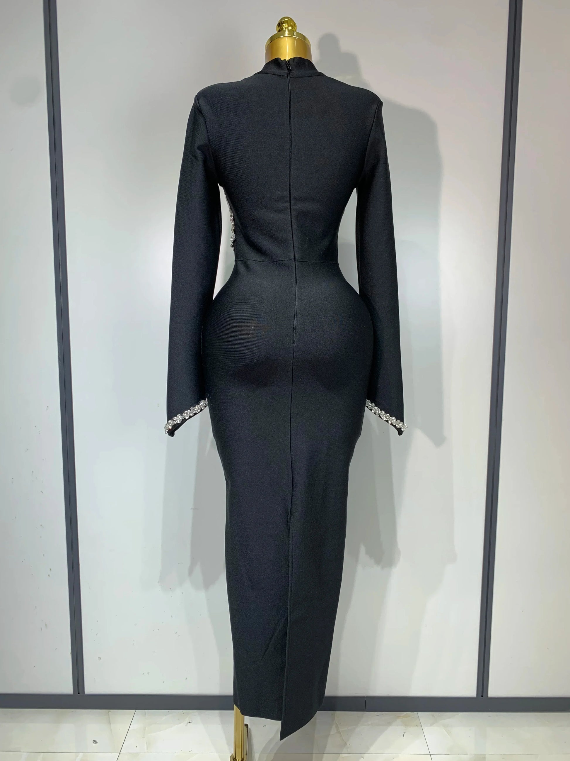 Women Sexy Long Sleeve Diamonds Maxi Long Bodycon Bandage Dress Celebrity Elegant Evening Party Luxury Birthday Dresses