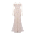 Women'S Evening Dress Luxury Pearl Chain Eelgant Mermaid Maxi Long Gown With Gloves Celebrity Party Vestidos Beige