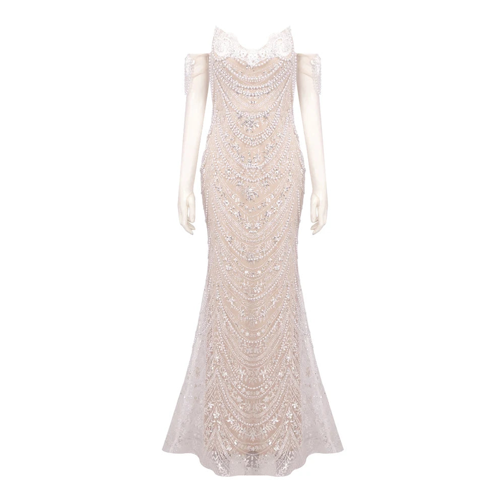 Women'S Evening Dress Luxury Pearl Chain Eelgant Mermaid Maxi Long Gown With Gloves Celebrity Party Vestidos Beige
