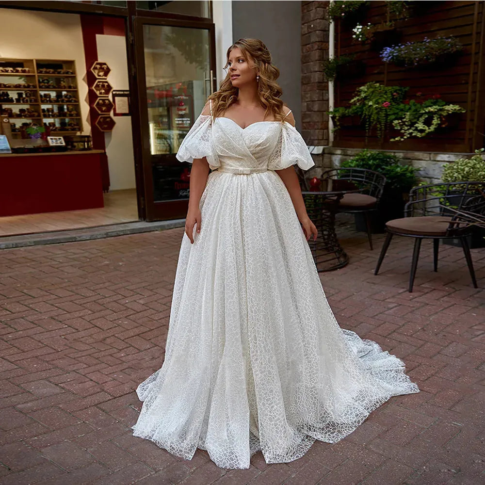 k Plus Size Wedding Dresses For Bride Off The Shoulder Short Sleeves Bride Gowns Lace Up Sweep Train A-Line Robe De Mariée White 26w Plus Size
