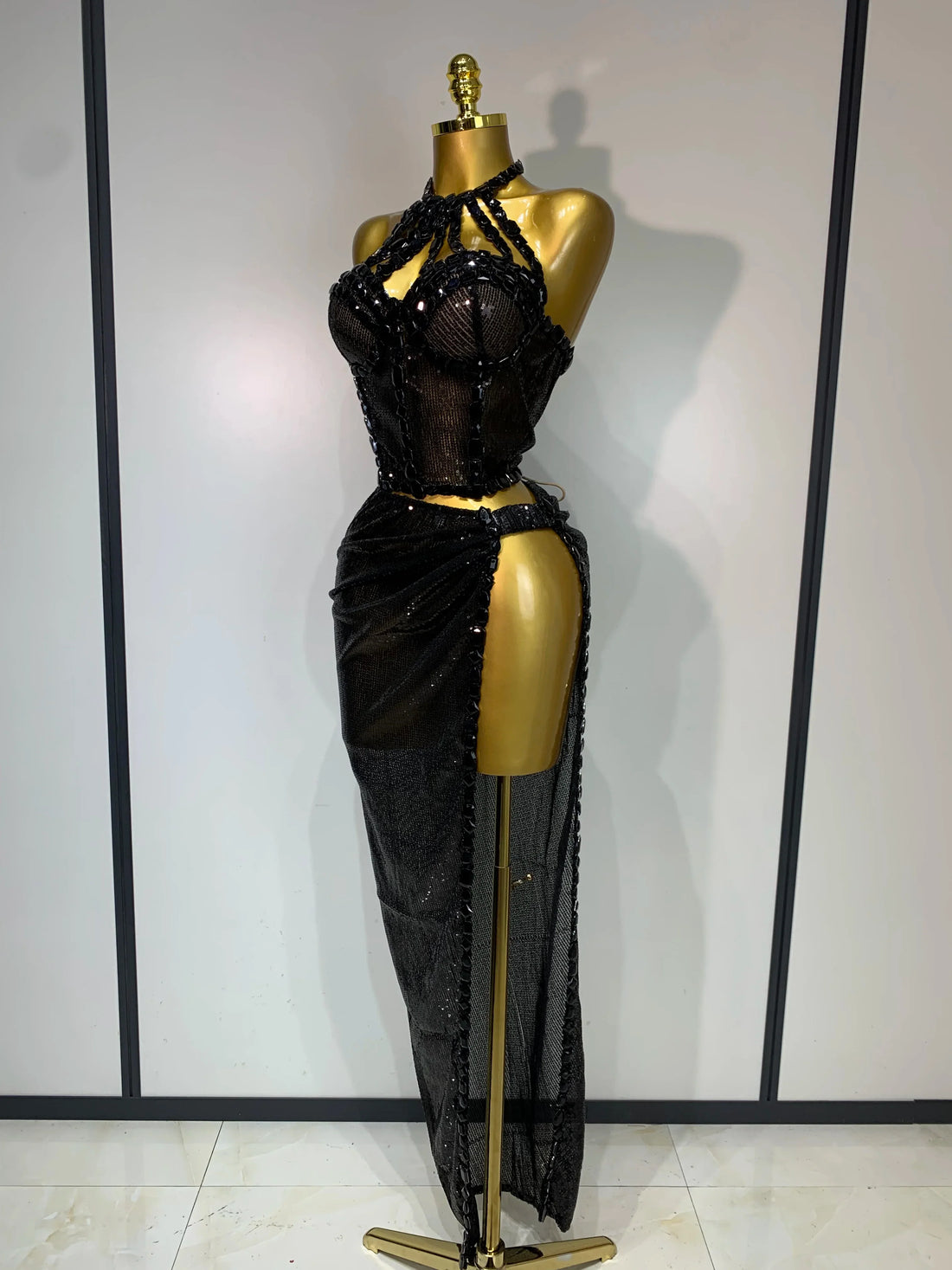 Sexy Shiny Diamond Two Piece Set Women Evening Celebrate Festival Luxury Birthday Party Nightclub Singer Stage costume black