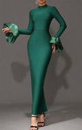 Elegant Women's Black Maxi Dress Stand up Neck Flare Sleeves Bodycon Bandage Long Dresses Cocktail Evening Party Vestidos green