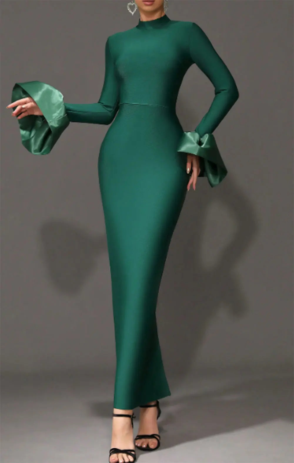 Elegant Women's Black Maxi Dress Stand up Neck Flare Sleeves Bodycon Bandage Long Dresses Cocktail Evening Party Vestidos green
