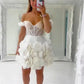 Robes de soirée de mariage blanches à fleurs 3D, épaules dénudées, Mini robes de bal de mariée en dentelle pour femmes, robe de demoiselle d'honneur courte trapèze