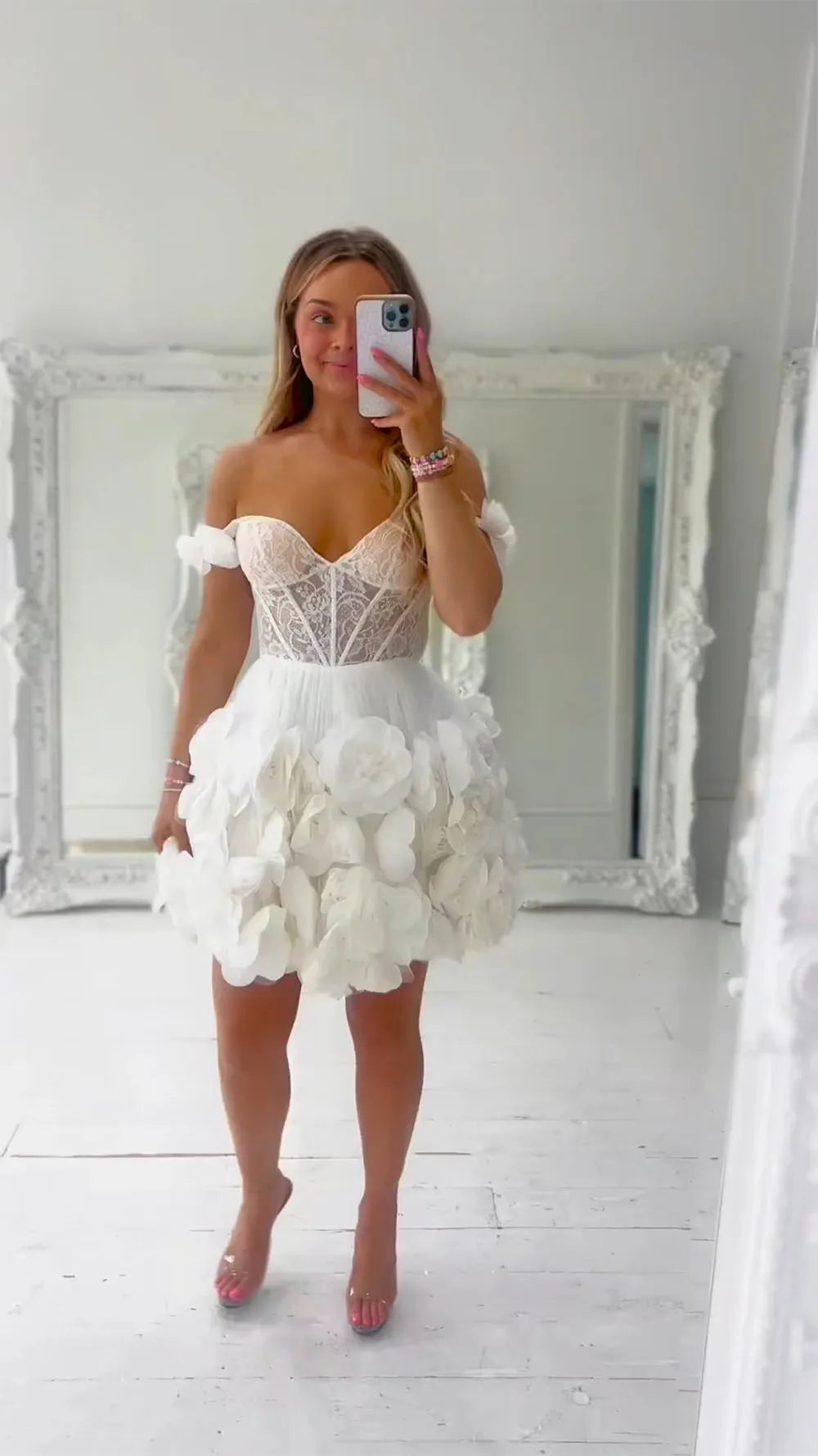 שמלות מסיבת חתונה לבנות פרחים 3D משמלות מכתף תחרה מיני שמלות נשף לנשים לשמלת כלות קצרה