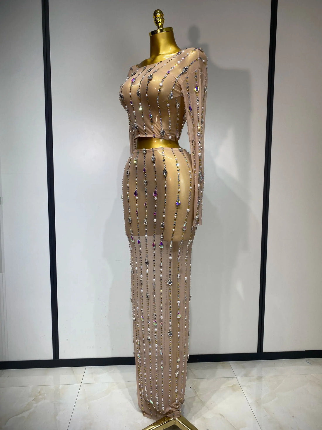 Women Sparkly Rhinestones Top Long Skirt Two Pieces Set Singer Dancer Nightclub Stage Performance Costume Luxury Birthday Dress Khaki