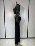 Women Long Sleeve Black Mesh Studded Dianonds Crystal Pearl Two Pieces Bandage Set Celebrity Sexy Evening Party Birthday Gown