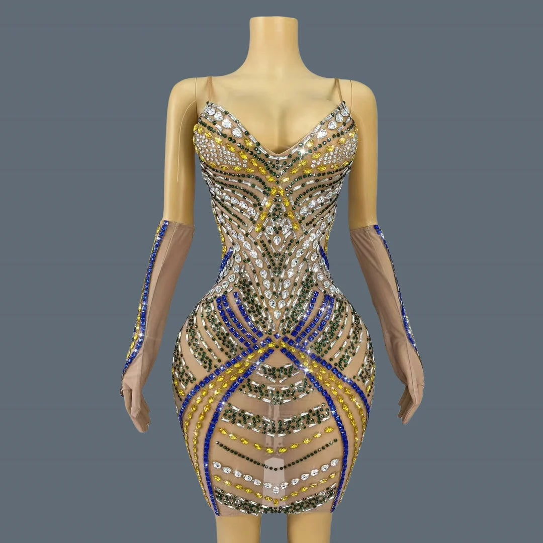 Sparkly Rhinestone Strap Deep V Neck Dress Elegant Women's Sexy Mini Dress with Gloves Birthday Celebrate Party Queen Jindie as photo