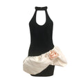 Glamorous Black and White Halter Mini Dress with Floral Ruffle Party Evening Gown AS PIC