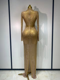 Sexy Long Sleeve Mesh See Through Gold Silver Maxi Dress Evening Party Singer Costume Stage Performance Luxury Birthday Dress