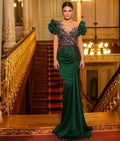 Deep Green Satin V-neck Prom Dresses Mermaid Appliques Puff Short Sleeves Ruffles Robes De Soirée Christmas Evening Dresses As Pictures
