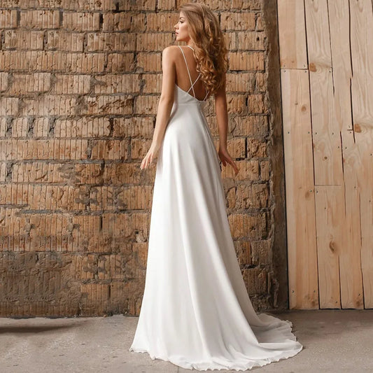 Gaun Perkahwinan V-Neck Mudah-mudahan Gaun Perkahwinan Spaghetti Sexy Backless Bride Gaun Tanpa Lengan untuk Wanita Menyesuaikan dengan Langkah