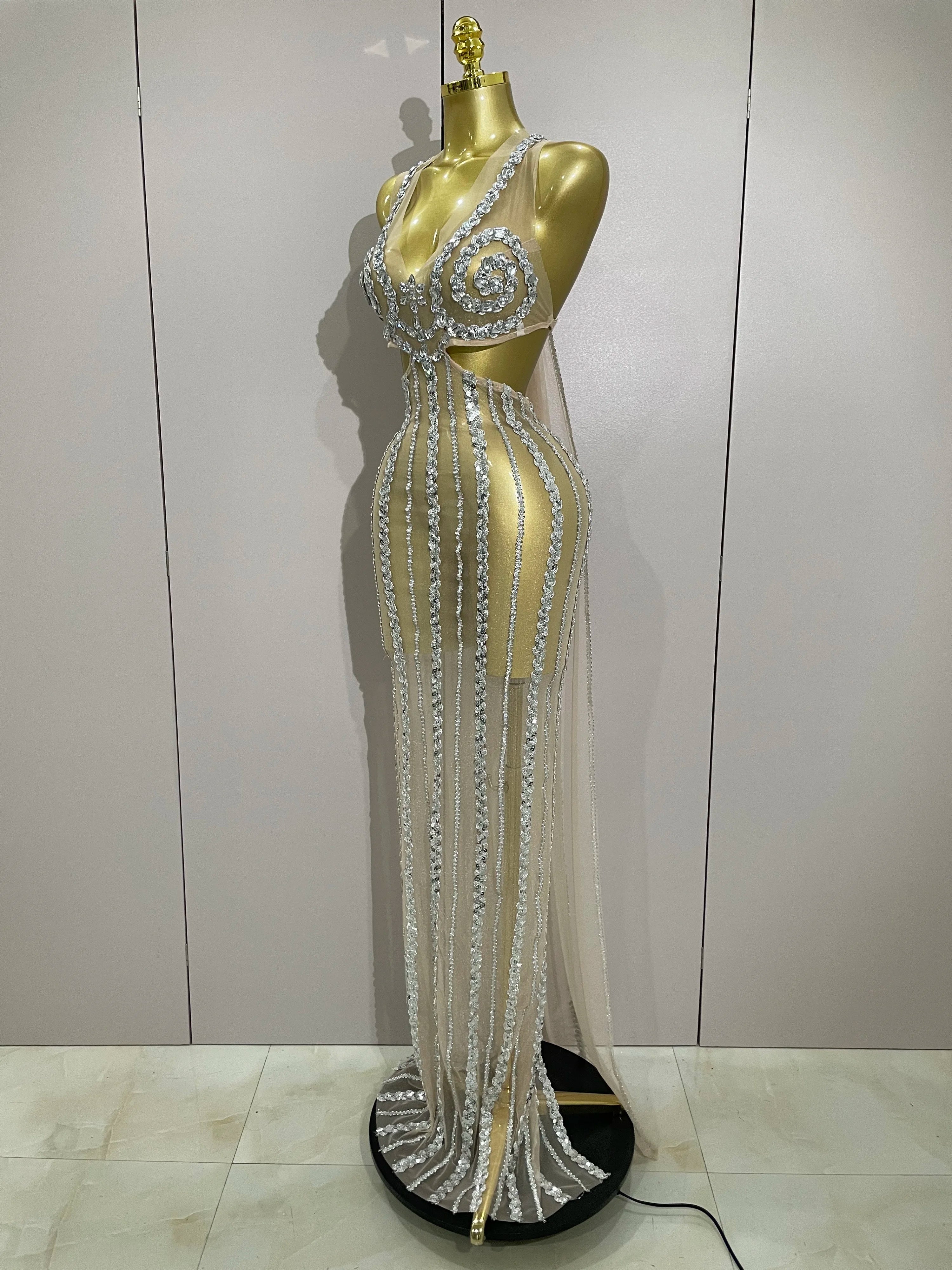 Luxury Sparkly Diamonds Sequins Sexy Mesh See Through Long Dress Women –  Mia's