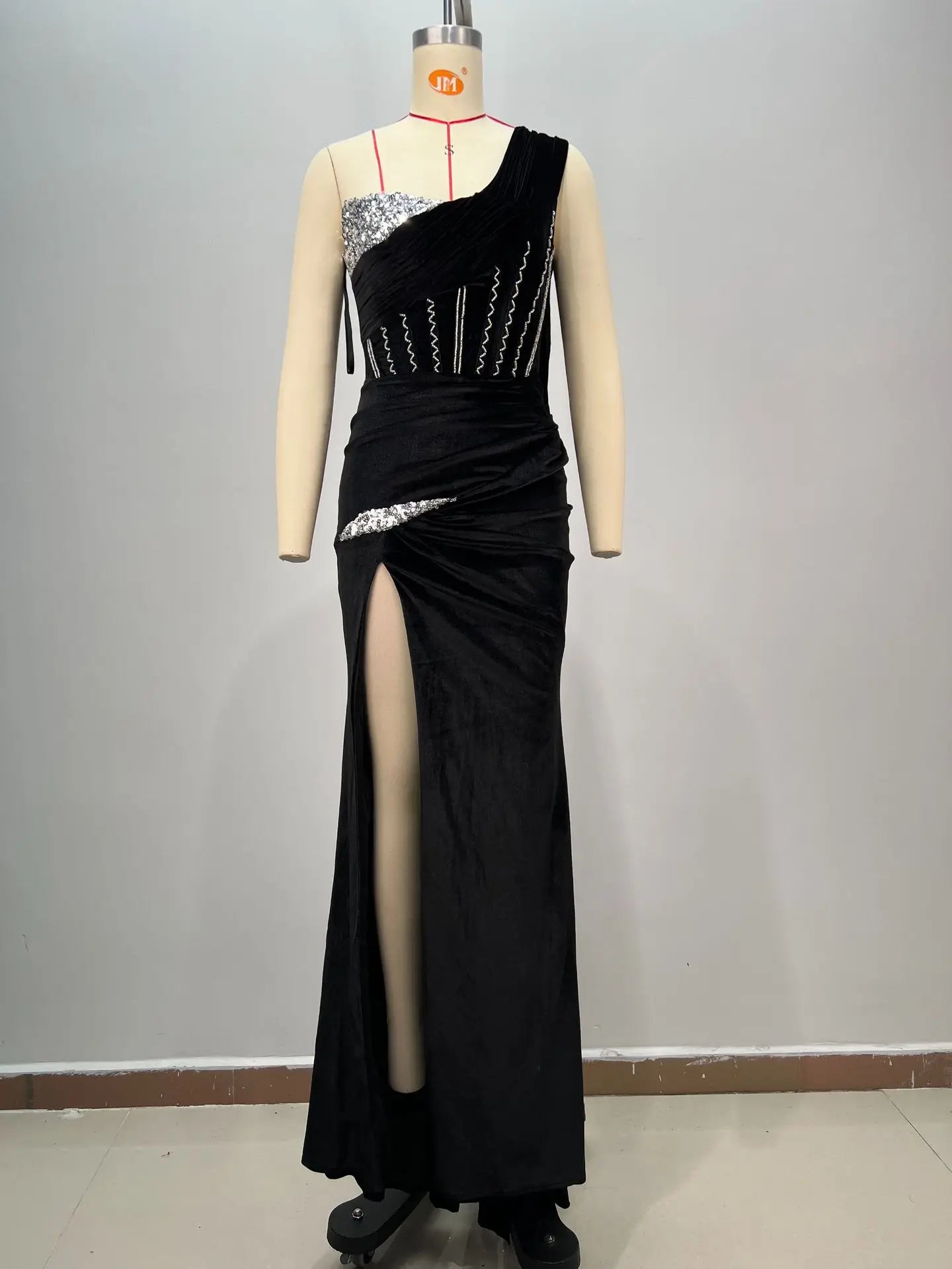 Luxury Diammonds High Slit One Shoulder Long Ribbon Velvet Strapless Floor Length Dress Celebrity Party Dress Birthday Vestido