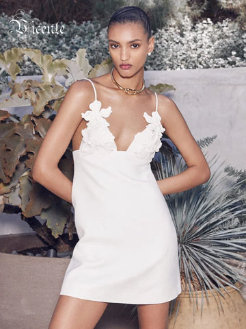 Solid Patchwork Appliques Camisole Dresses For Women Square Collar Sleeveless Backless High Waist Mini Dress