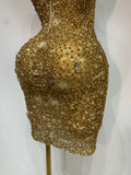 Women Sexy Stage Perform Outfit Club Gown Shining Gold Rhinestones Elegant Mesh Dress Birthday Evening Party Photoshoot Costume