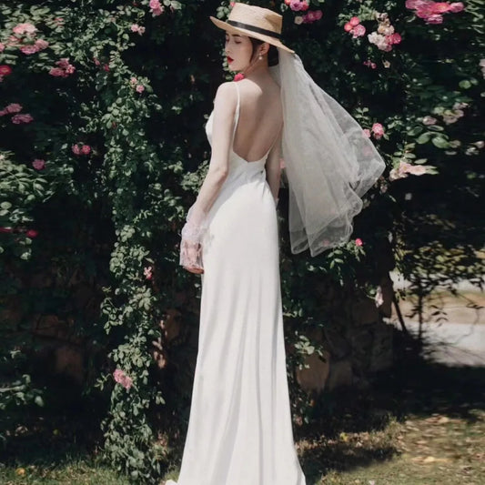 Vestido de novia de satén blanco francés con tirantes para fotos de boda, vestido elegante, Sexy, sin espalda, sencillo, largo, para fiesta de graduación y noche