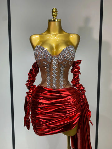Sparkly Diamonds Sexy Mesh See Through Mini Dress Glove Women Celebrate Party Luxury Birthday Nightclub Perform Stage Outfit Red