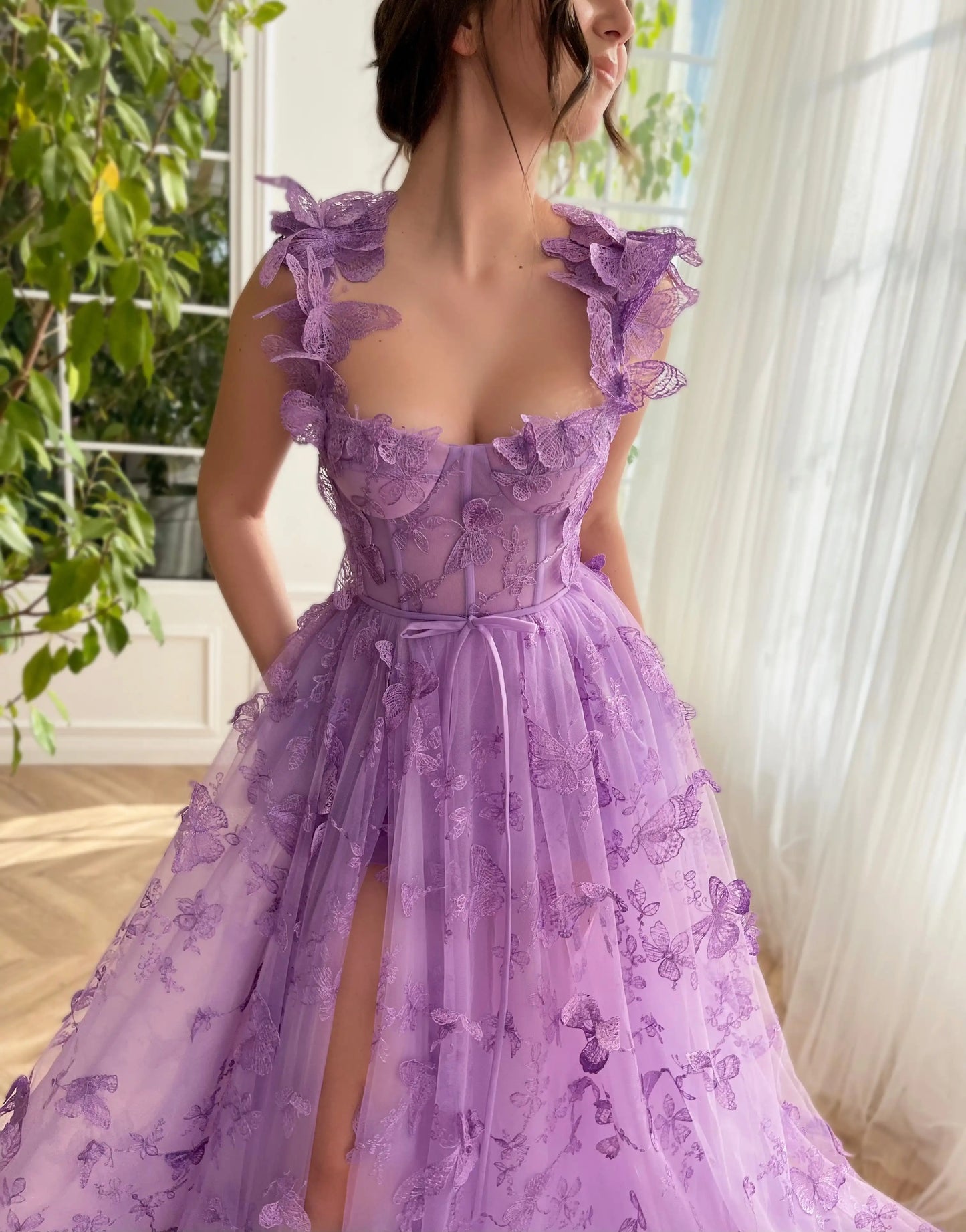 Lilac Lace Prom Dresses Butterfly Spaghetti Straps Sweetheart A Line with Pocket Belt Hi-lo Corset Zipper Back Evening Gown
