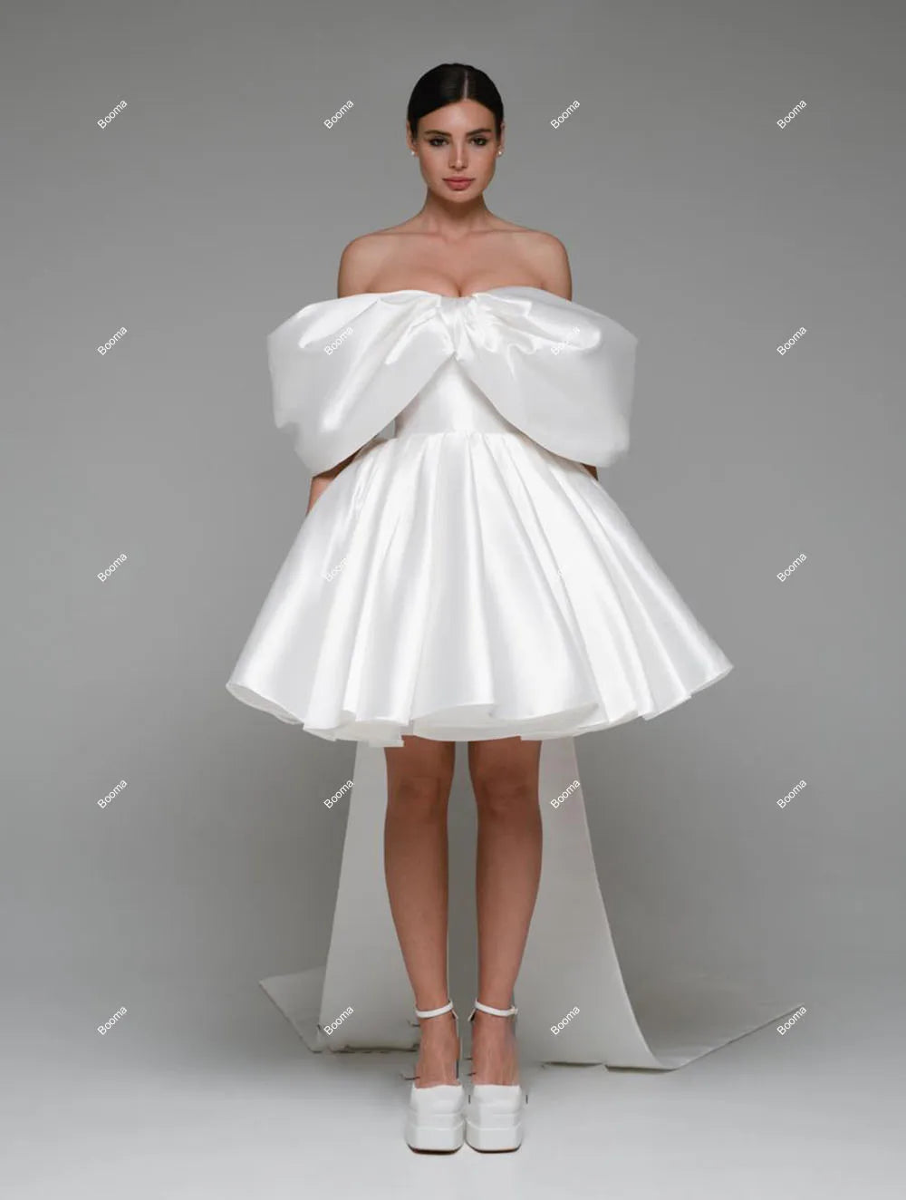 Pakaian Pesta Perkahwinan Putih dari Gaun Bola Bahu Mini Pengantin Mini Renda Pakaian Petang Pengantin Untuk Wanita